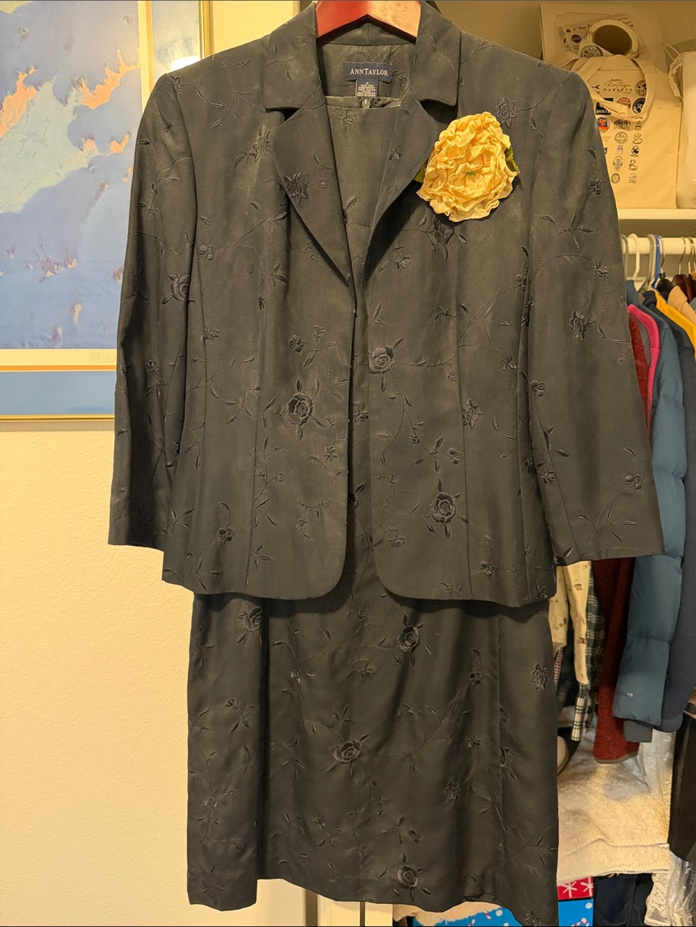 Ann Taylor Navy Embroidered Two-Piece Dress Suit with Yellow Flower Accent